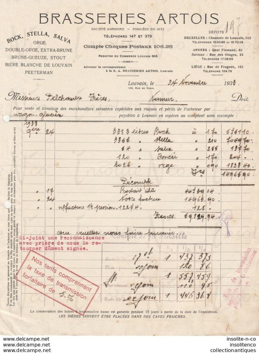 Facture Des Brasseries Artois S.A. De Louvain Adressée à Delchambre Frères De Namur Datée Du 24/11/1933 - Petits Métiers