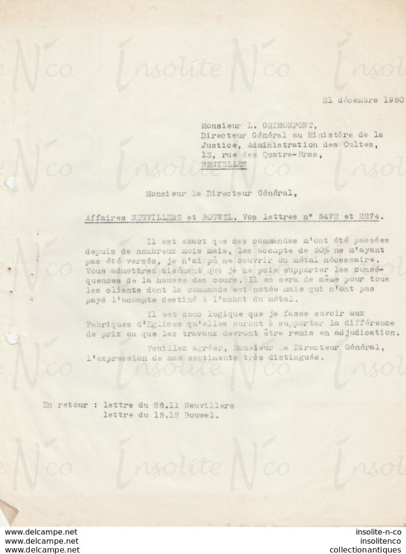 Lettre Sur Papier Pelure Pour Le Directeur Général Du Ministère Justice Grimonpont 21/12/1950 Paiement Cloche - Ambachten
