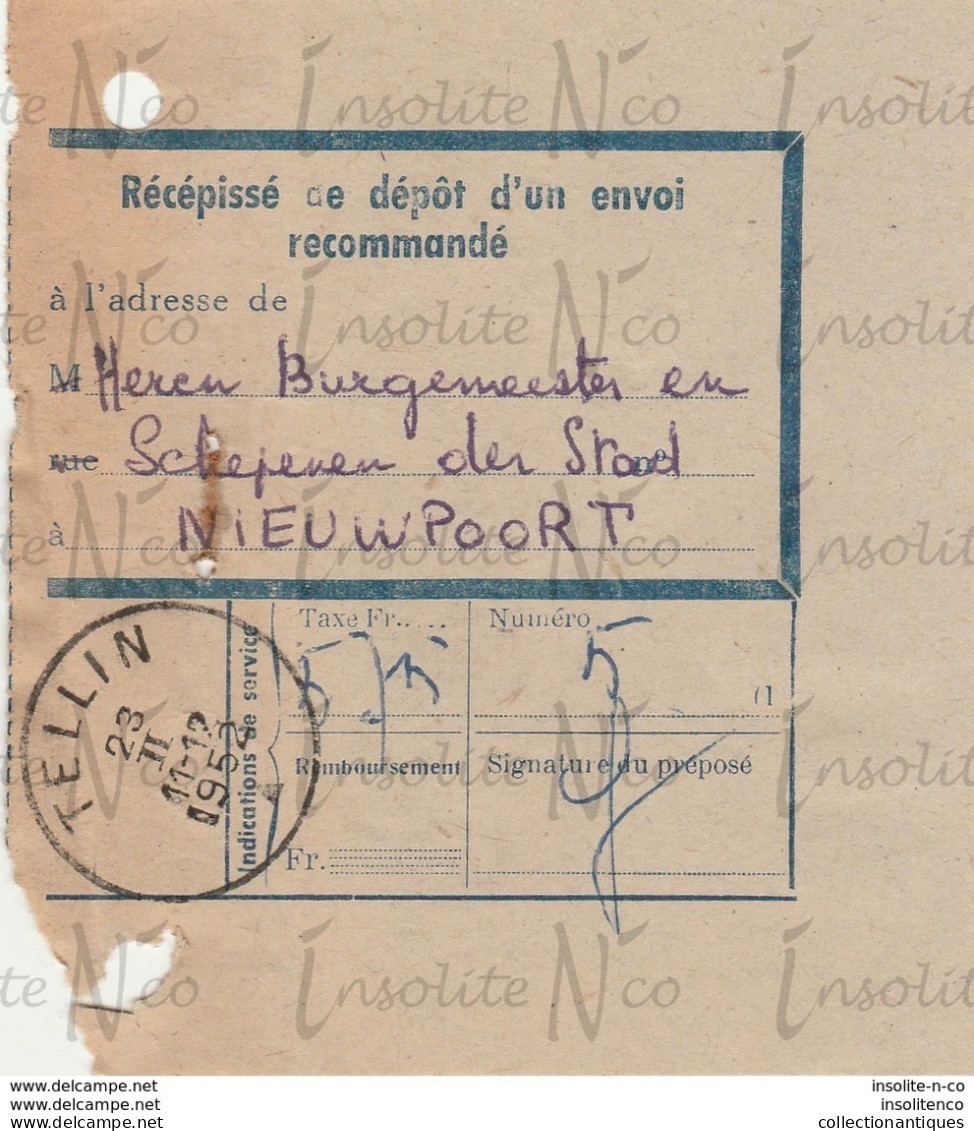 Récépissé De Dépôt D'un Envoi Recommandé Adressé Au Bourgmestre De Nieuport Depuis Tellin Par Slégers-Causard 1952 - Artigianato