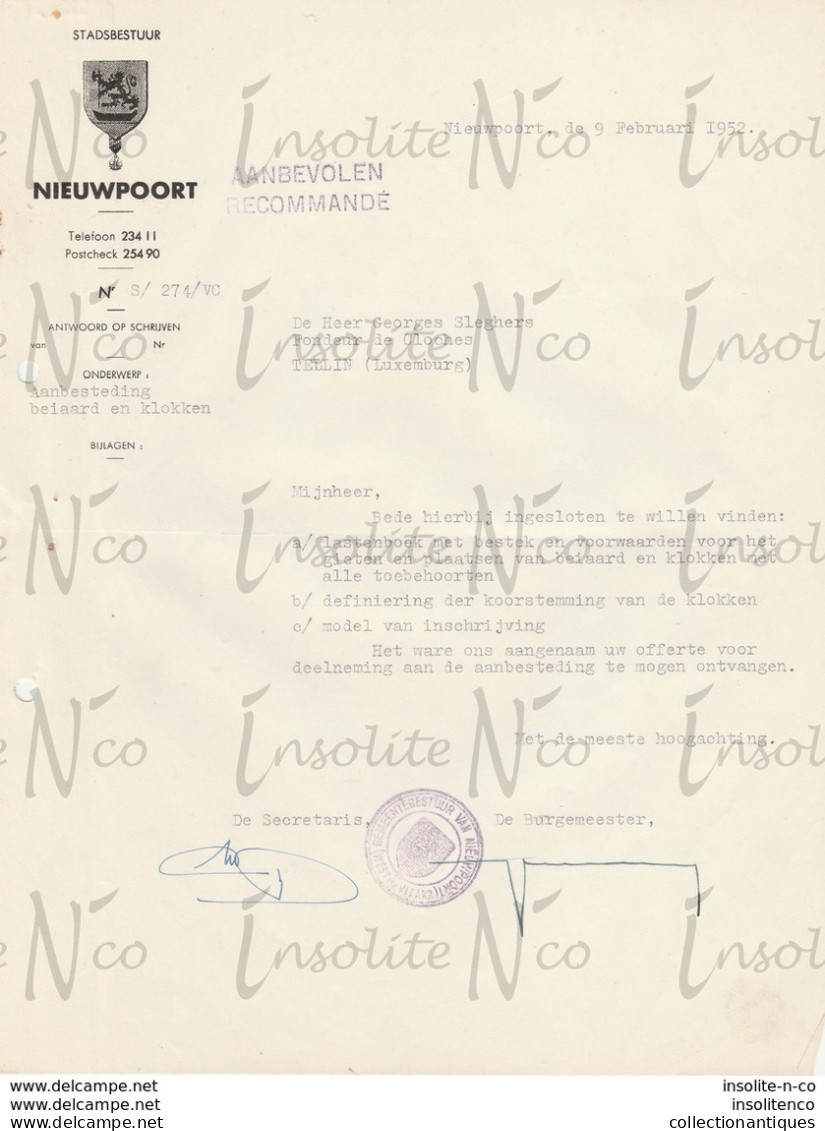 Courrier Recommandé En Flamand Du Bourgmestre De Nieuport Adressé à Georges Slégers 9 Février 1952 Placement Carillon - Old Professions