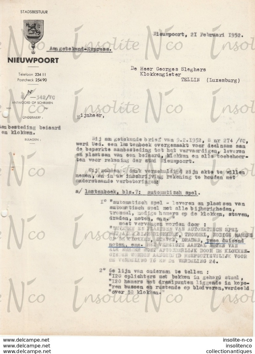 Courrier  En Flamand Du Bourgmestre De Nieuport Adressé à Georges Slégers 21 Février 1952 Placement Carillon - Old Professions