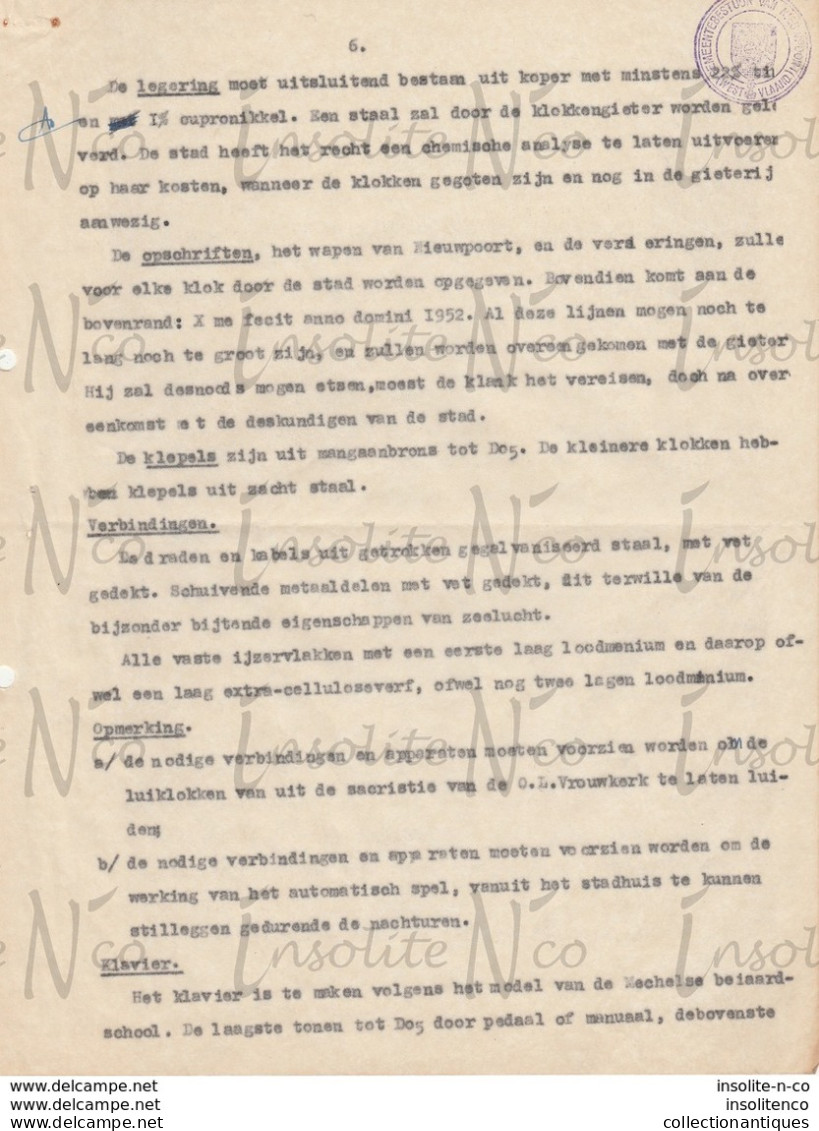 Lettres papier pelure province de Flandre Occidentale établissant le cahier des charges pour placement carillon 1952