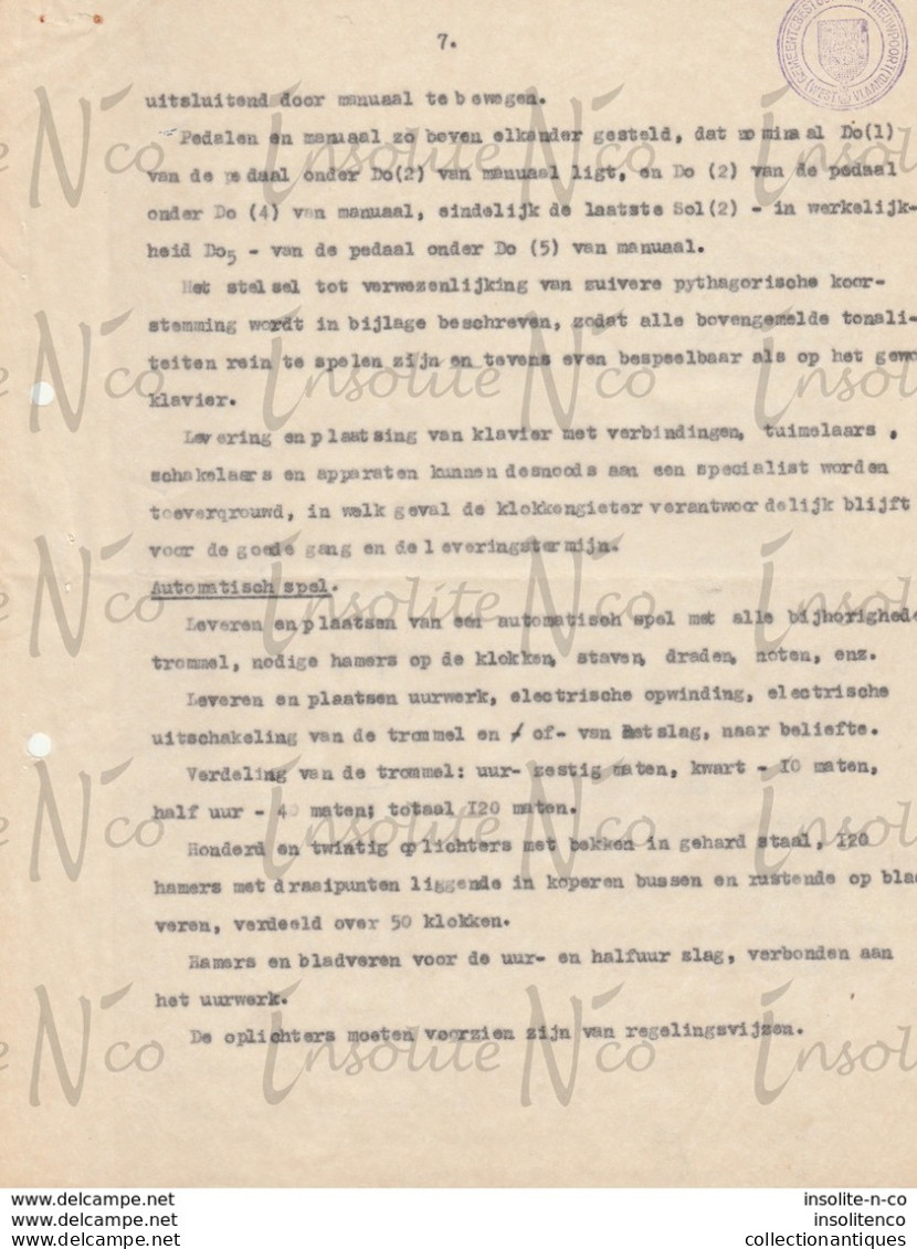 Lettres papier pelure province de Flandre Occidentale établissant le cahier des charges pour placement carillon 1952