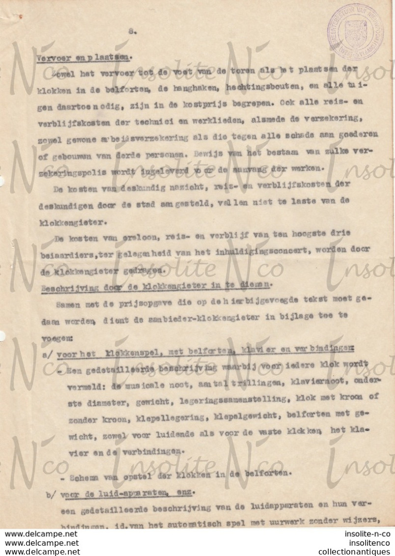 Lettres papier pelure province de Flandre Occidentale établissant le cahier des charges pour placement carillon 1952