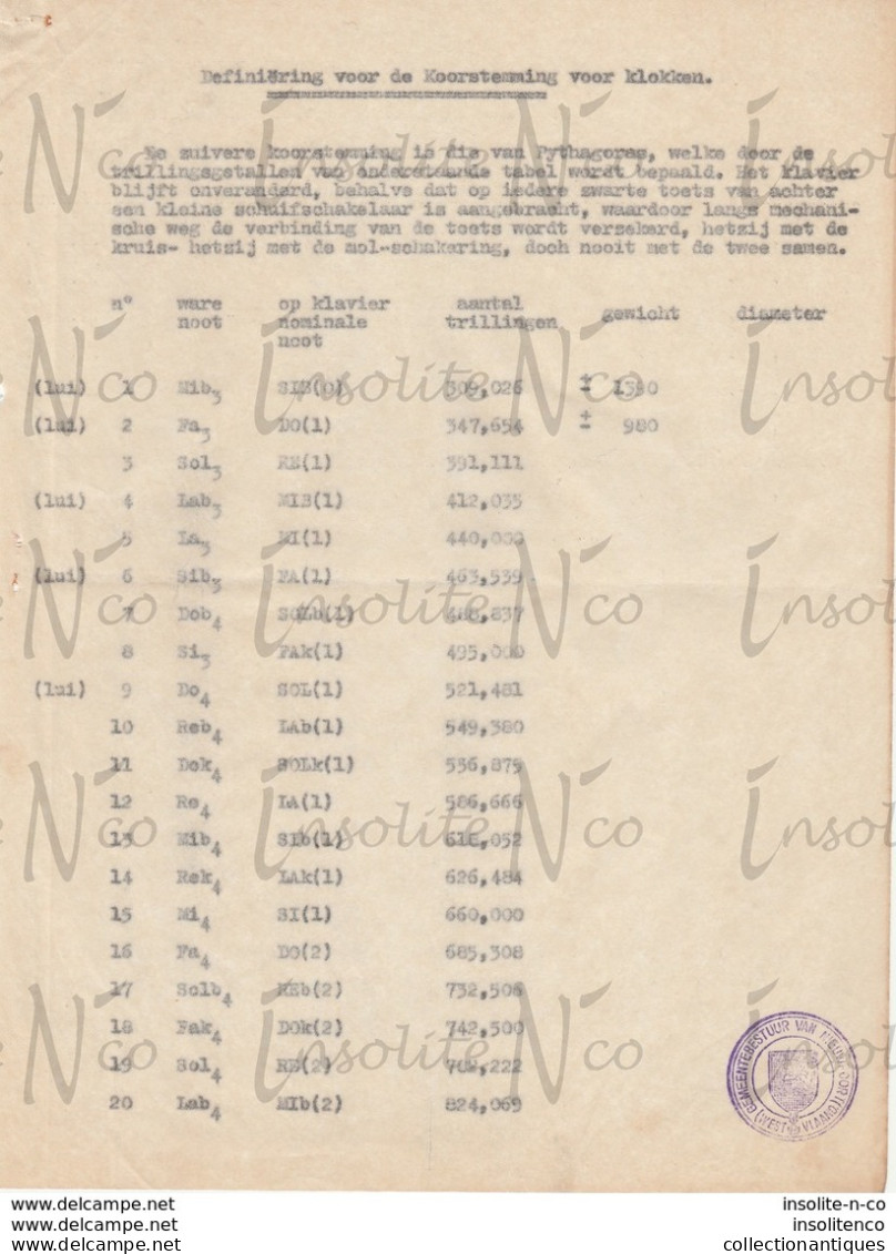 Lettres papier pelure province de Flandre Occidentale établissant le cahier des charges pour placement carillon 1952