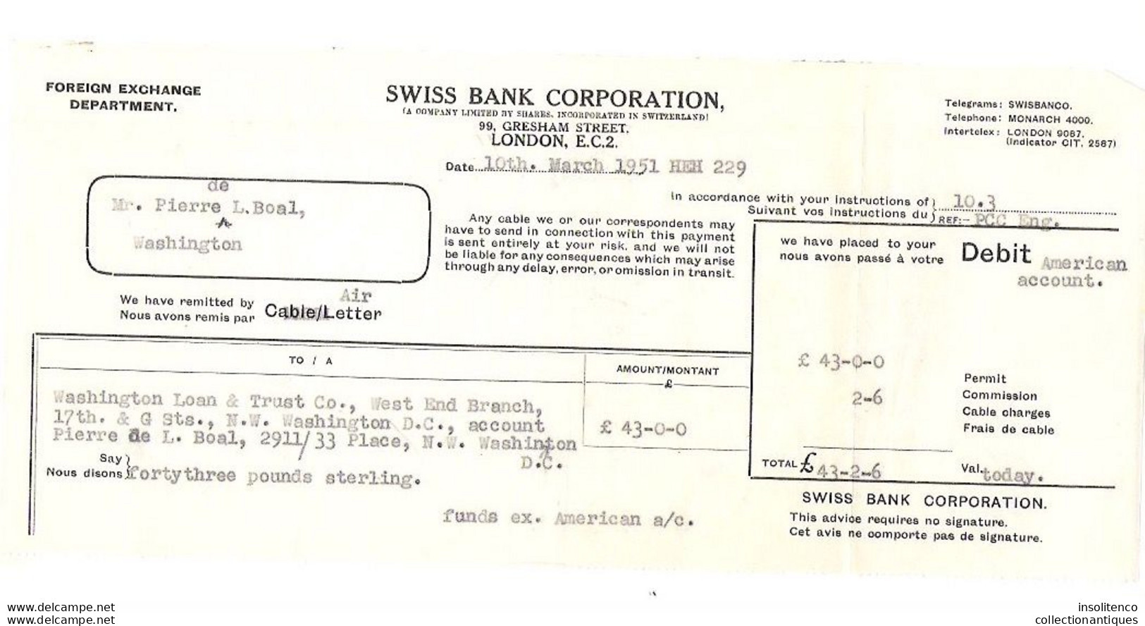 Swiss Bank Corporation - London - 1951 - Pierre De Lagarde Boal - Foreign Exchange Funds - Royaume-Uni