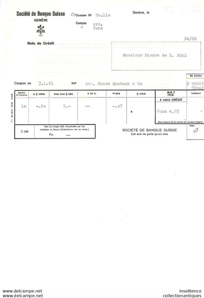 Société De Banque Suisse - Genève - 1961 - Pierre De Lagarde Boal - Note De Crédit - Suisse
