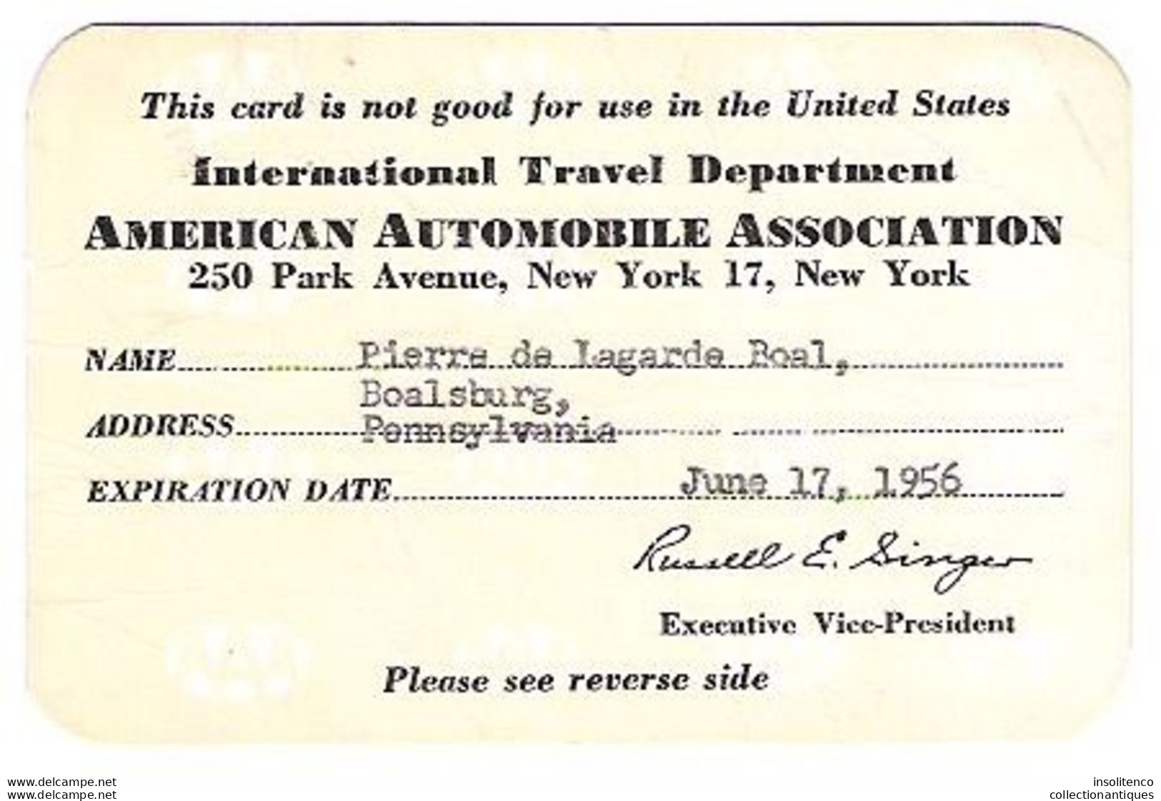 American Automobile Association - New-York - 1956  -  Pierre De Lagarde Boal - Member Card - Etats-Unis