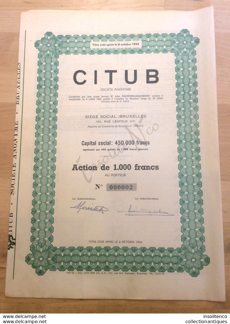 Action De 1000 Francs Au Porteur "Citub Société Anonyme" Bruxelles 1956 - A - C