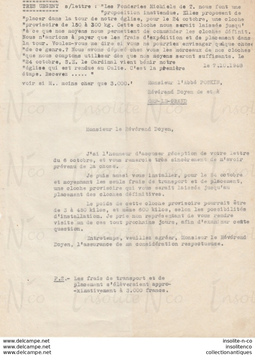 Lettre Datée Du 07/10/1948 Adressée Au Révérend Doyen D'Orp-le-Grand Proposition De Placement Cloche Provisoire - Artesanos