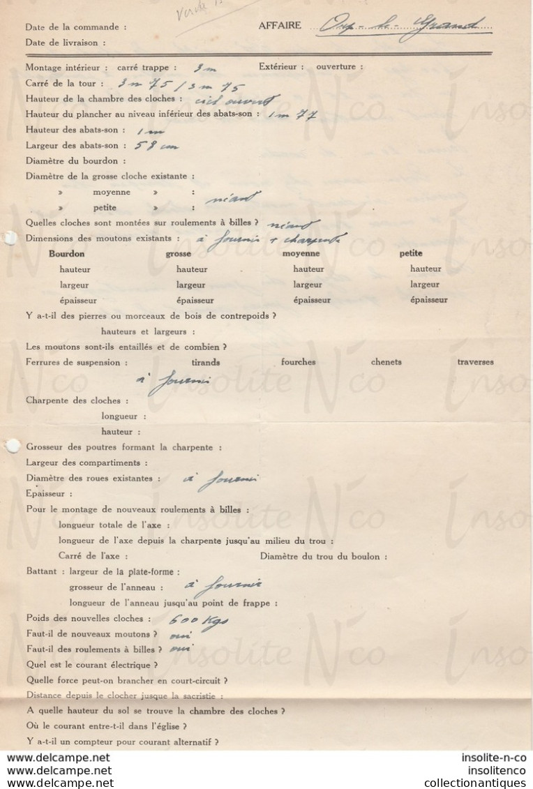 Bon De Commande Cloche D'Orp-le-Grand Détails Techniques D'utilisation, Indications Manuscrites Au Verso Datée 13/10/48 - Old Professions