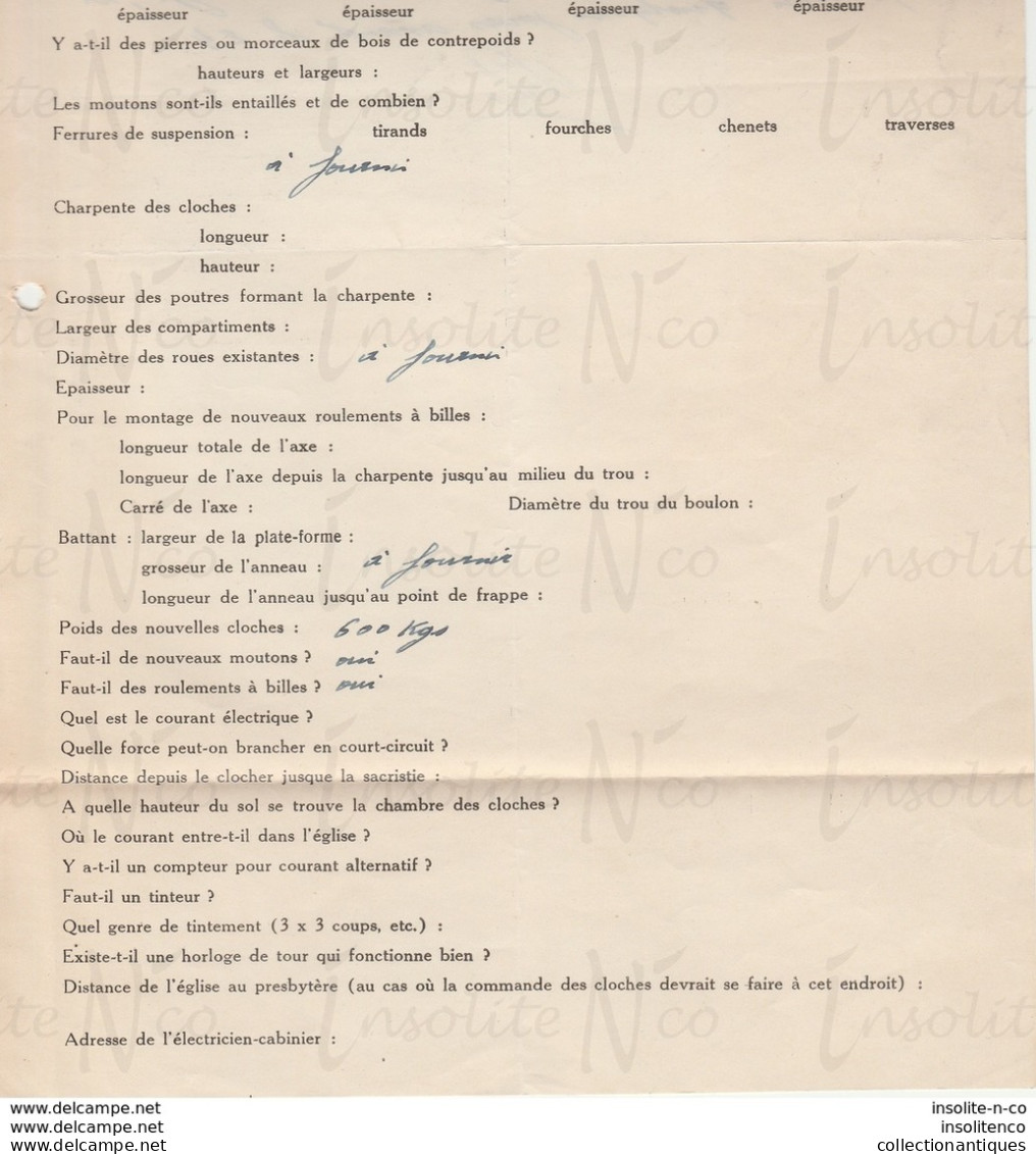 Bon De Commande Cloche D'Orp-le-Grand Détails Techniques D'utilisation, Indications Manuscrites Au Verso Datée 13/10/48 - Ambachten