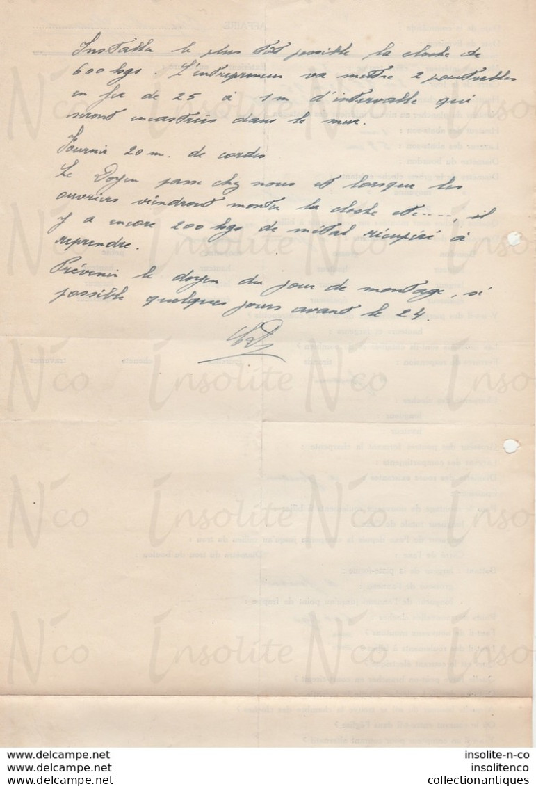 Bon De Commande Cloche D'Orp-le-Grand Détails Techniques D'utilisation, Indications Manuscrites Au Verso Datée 13/10/48 - Old Professions