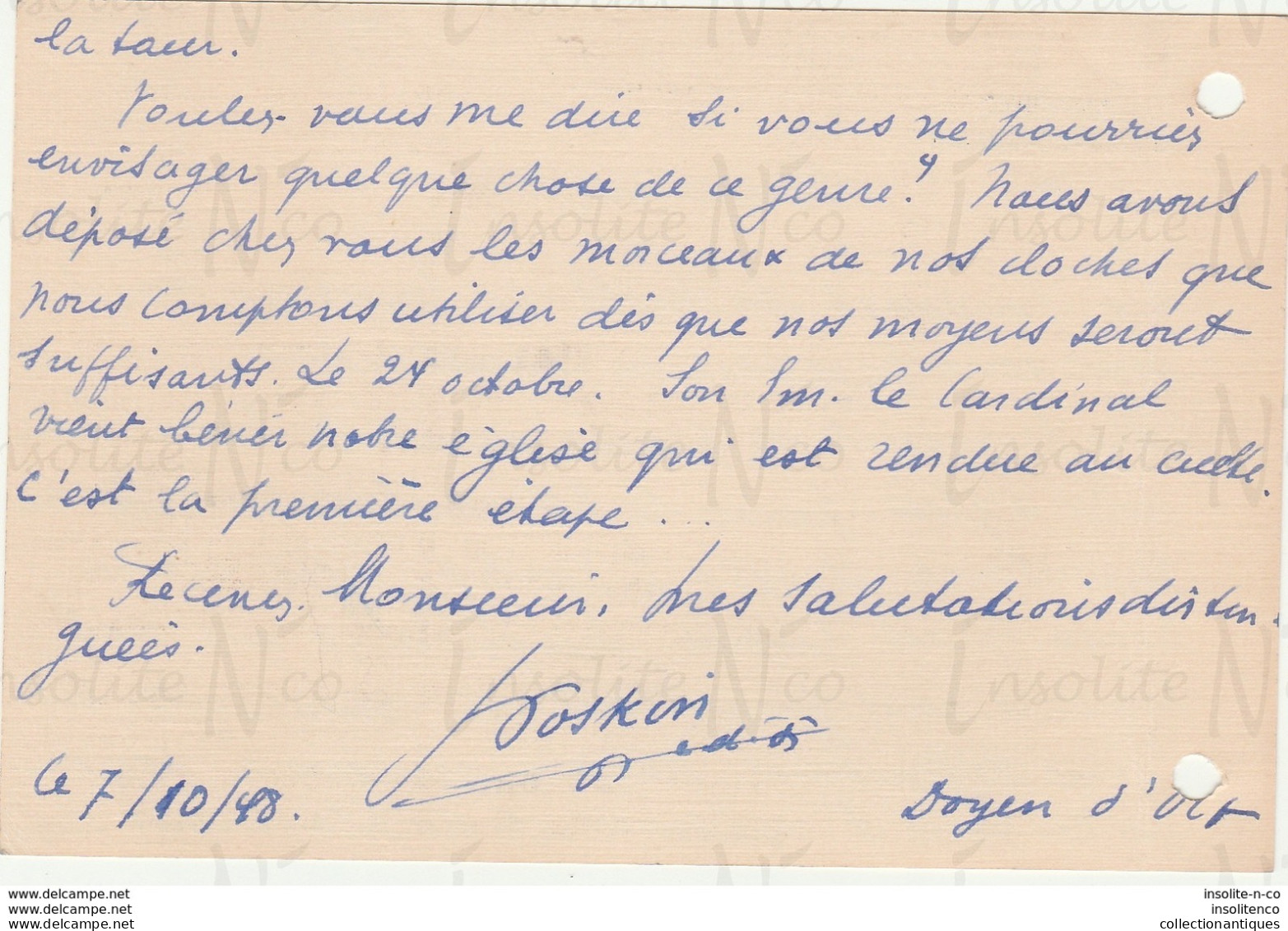 Courrier Manuscrit Révérend Doyen Poskin D'Orp-le-Grand Daté 07/10/1948 Reprenant La Proposition Des Fonderies Michiels - Artigianato