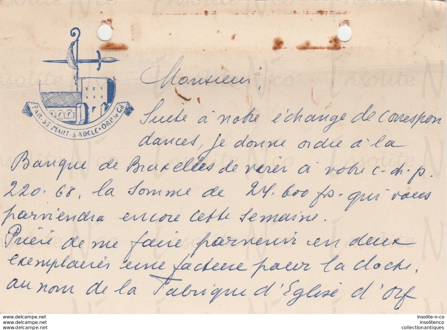 Courrier Manuscrit Révérend Doyen Poskin D'Orp-le-Grand Daté 17/10/1955 Paiement Cloche - Ambachten