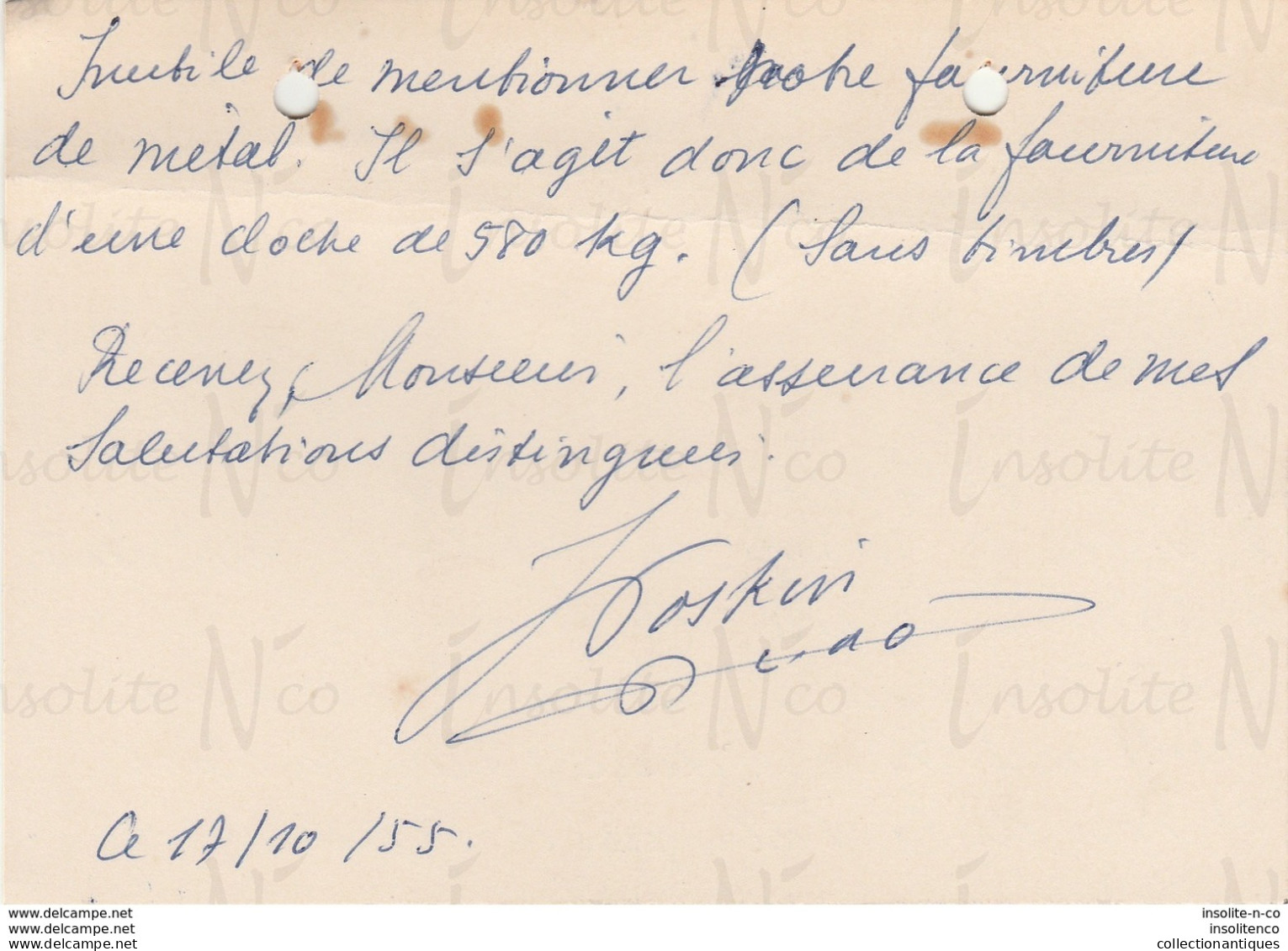 Courrier Manuscrit Révérend Doyen Poskin D'Orp-le-Grand Daté 17/10/1955 Paiement Cloche - Old Professions