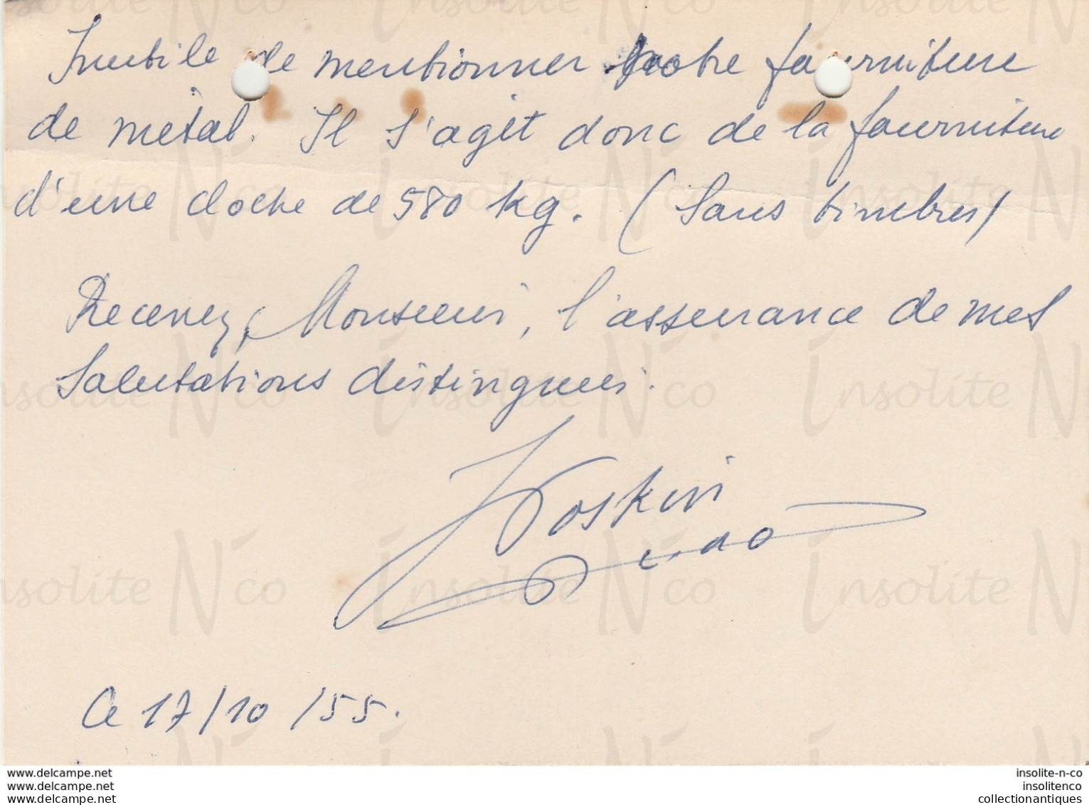 Courrier Manuscrit Révérend Doyen Poskin D'Orp-le-Grand Daté 17/10/1955 Paiement Cloche - Artigianato