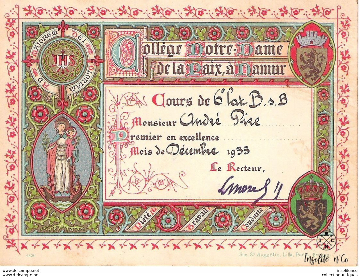 Collège Notre-Dame De La Paix - Namur- Décembre 1933 - Prix D'excellence - Cours De 6ème Latin B - André Pire - Bon état - Diplômes & Bulletins Scolaires