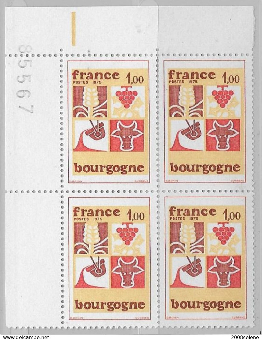 1975 Bloc De 4 Coin Numéroté Bourgogne Neuf ** N°1848 - 1960-1969
