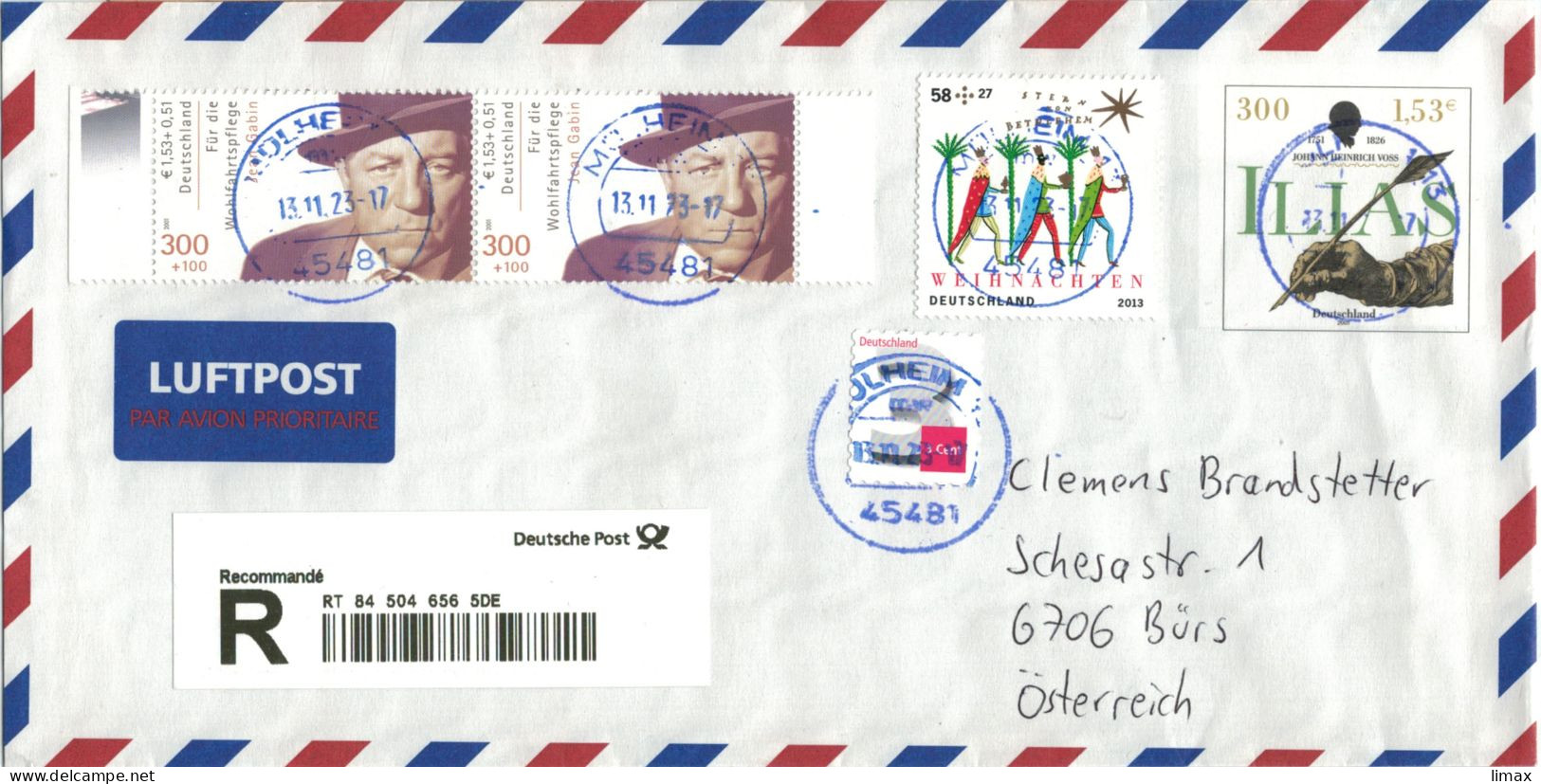 [C3] 45481 Mühlheim 2023 - Jean Gabin - Weihnacht - Johann Heinrich Voss - 3c - Reko > Österreich - Enveloppes Privées - Oblitérées