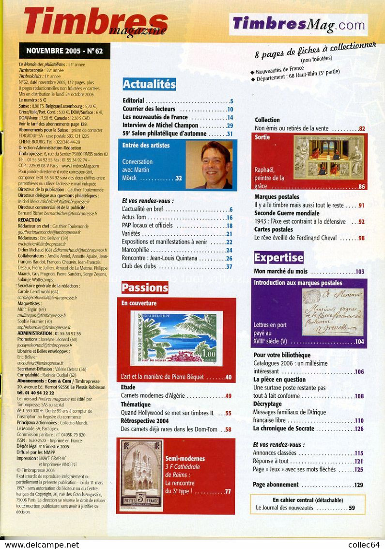 TIMBRES Magazine N°62 (11/2005) - Pierre Béquet - Hollywood - 2nde Guerre Mondiale - Cathédrale De Reims - Francesi (dal 1941))