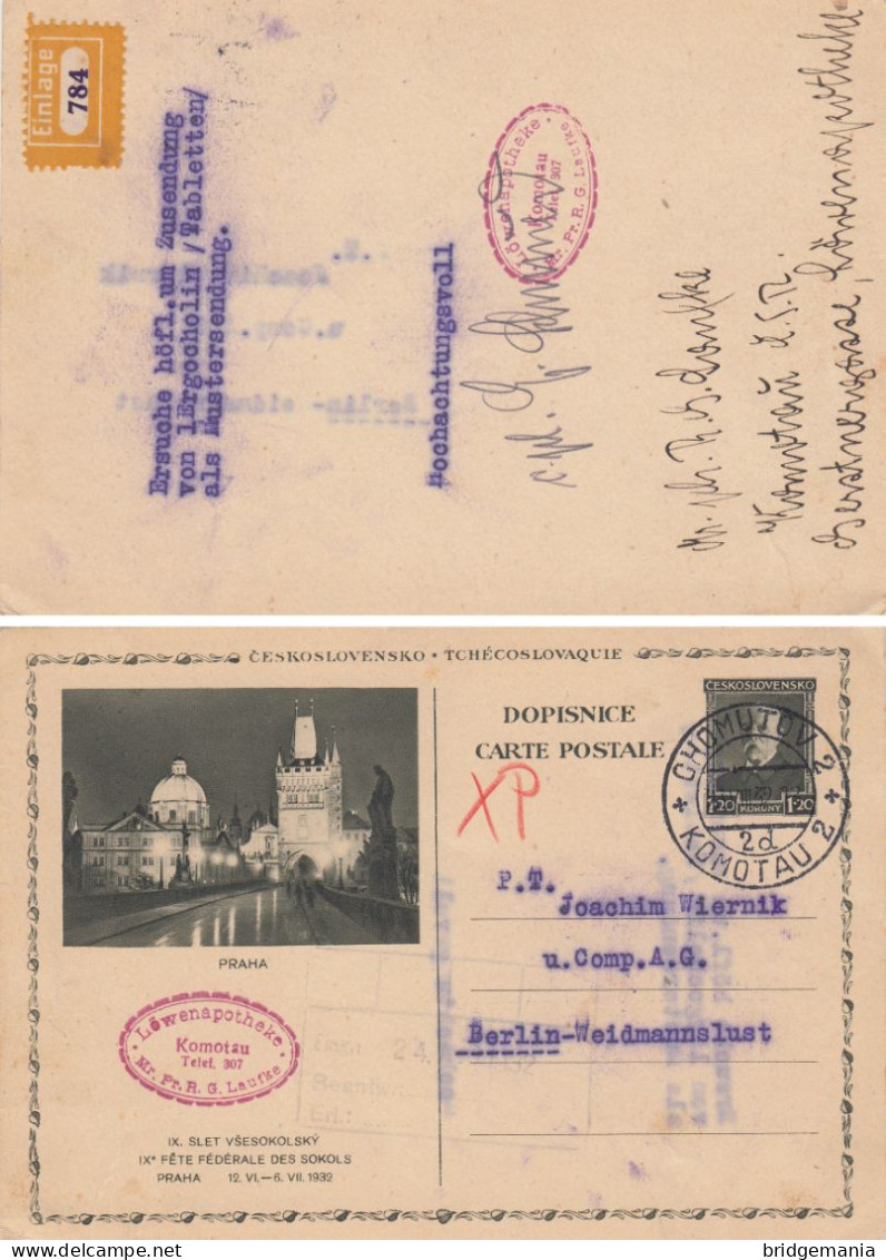 PS174 OLD POSTAL STATIONERY 1932 CZECHOSLOVAKIA CHOMUTOV KOMOTAU TO BERLIN GERMANY - Cartes Postales