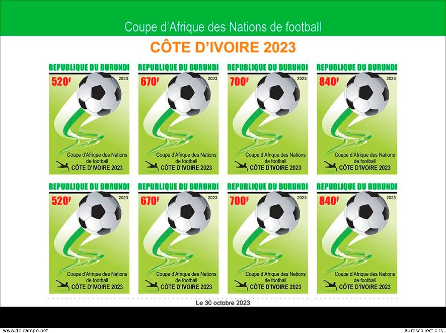 BURUNDI 2023 AUTHENTIC IMPERF SHEET 8V - FOOTBALL SOCCER AFRICA CUP OF NATIONS IVORY COAST COTE D' IVOIRE - MNH - Fußball-Afrikameisterschaft
