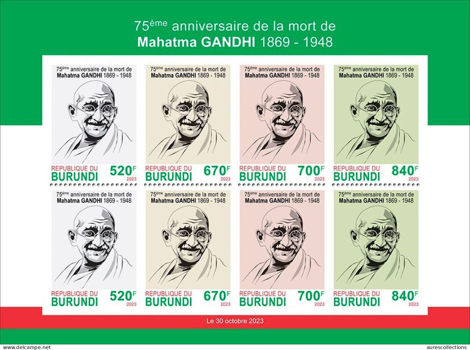 BURUNDI 2023 AUTHENTIC IMPERF SHEET 8V - MAHATMA GANDHI DEATH ANNIVERSARY - MNH - Mahatma Gandhi