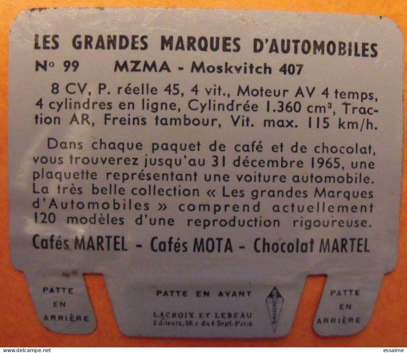 Plaque MZMA  Moskvitch N° 99. Les Grandes Marques D'automobiles Chocolat Cafés Martel Mota. Plaquette Métal 1960 - Placas En Aluminio (desde 1961)