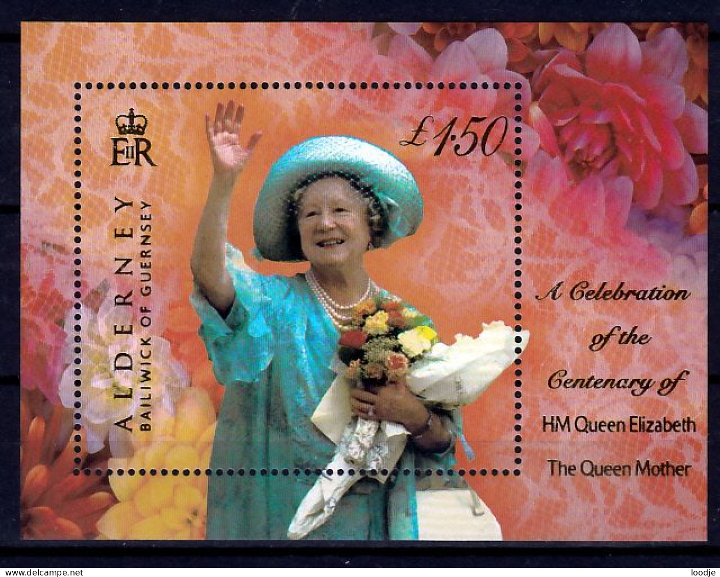 Alderney Blok Mi 8 Geboortedag Koninginmoeder 100 Jaar Postfris - Alderney