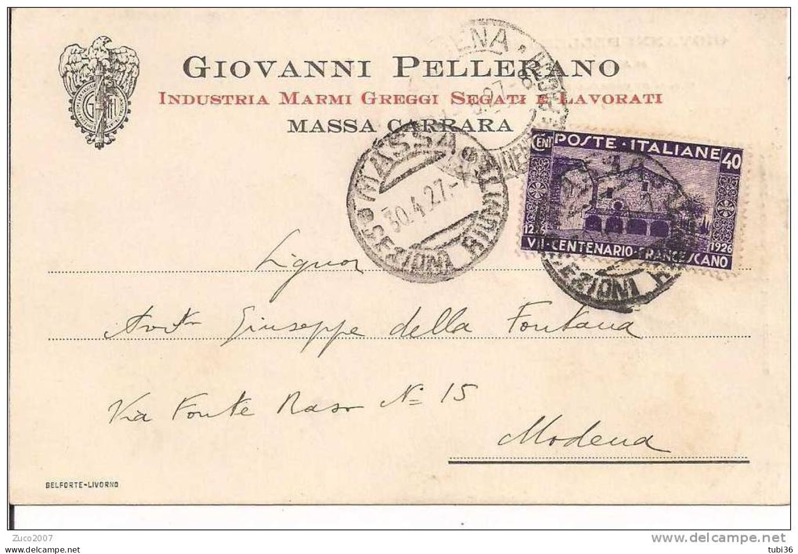 GIOVANNI PELLERANO - MASSA CARRARA - CARTOLINA  COMMERCIALE  VIAGGIATA  1927 - - Carrara