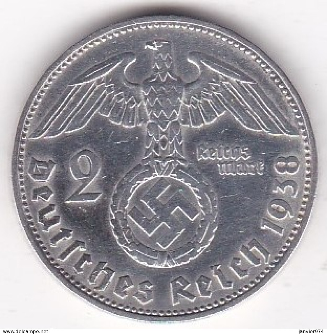 Allemagne 2 Reichsmark 1938 F Stuttgart, Paul Von Hindenburg, En Argent - 2 Reichsmark