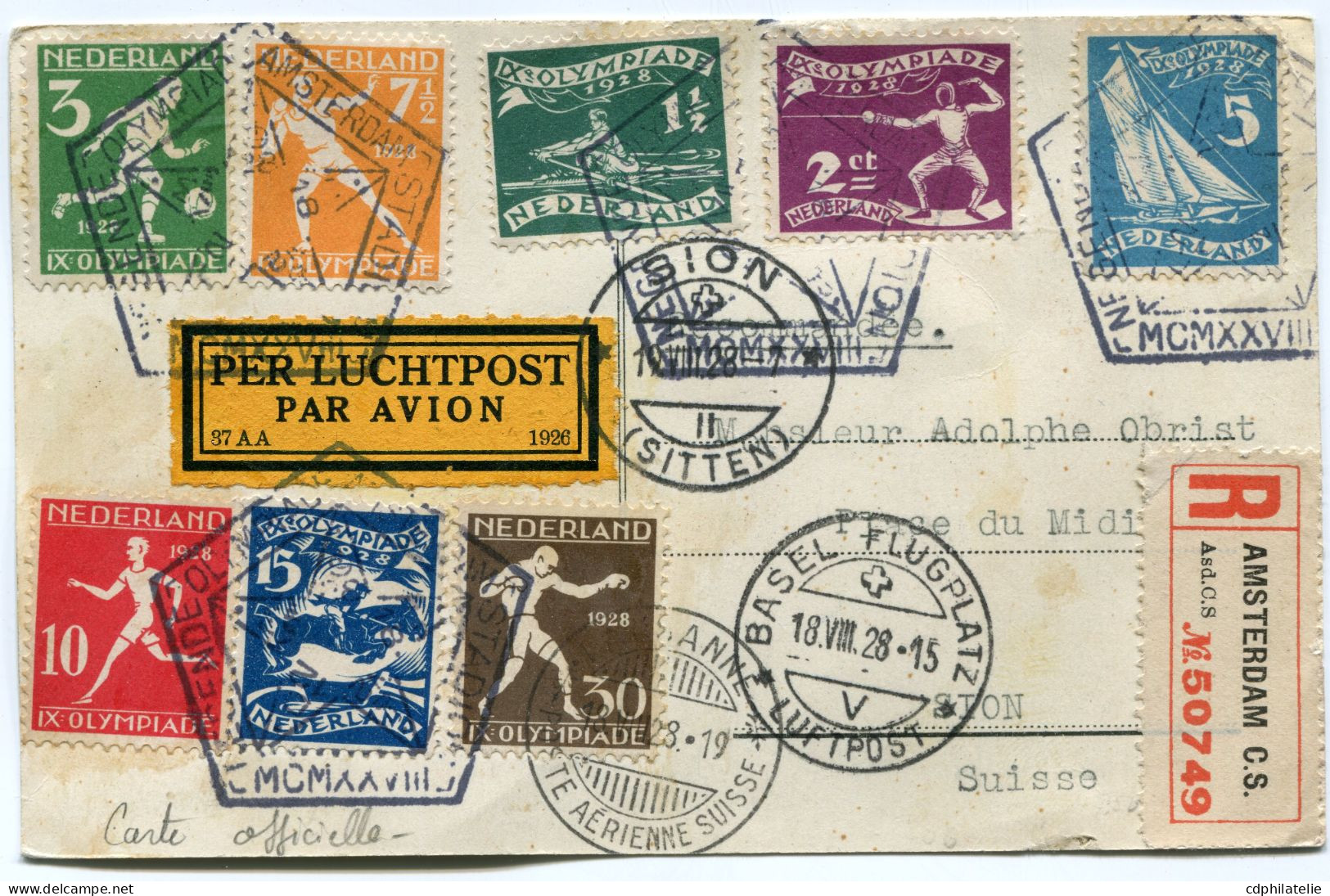 PAYS-BAS CARTE OFFICIELLE RECOMMANDEE PAR AVION -1928 IX OLYMPIADE AMSTERDAM DEPART AMSTERDAM 18 VIII 28 POUR LA SUISSE - Estate 1928: Amsterdam