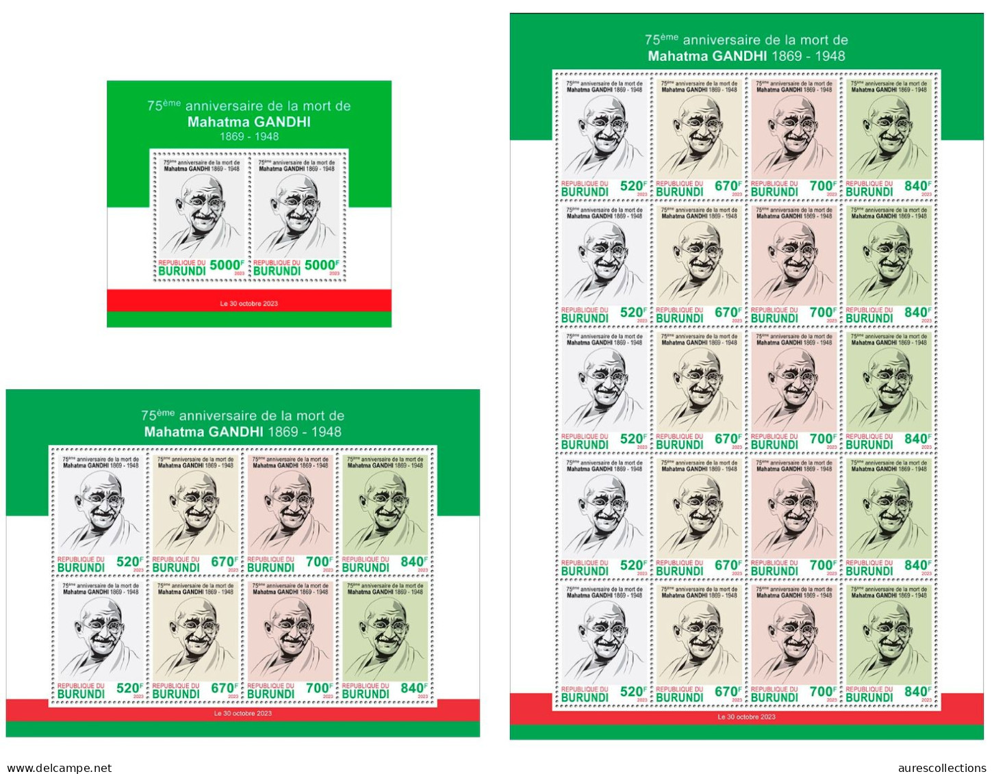 BURUNDI 2023 PACK 3 X  SHEETS - MAHATMA GANDHI DEATH ANNIVERSARY - MNH - Mahatma Gandhi