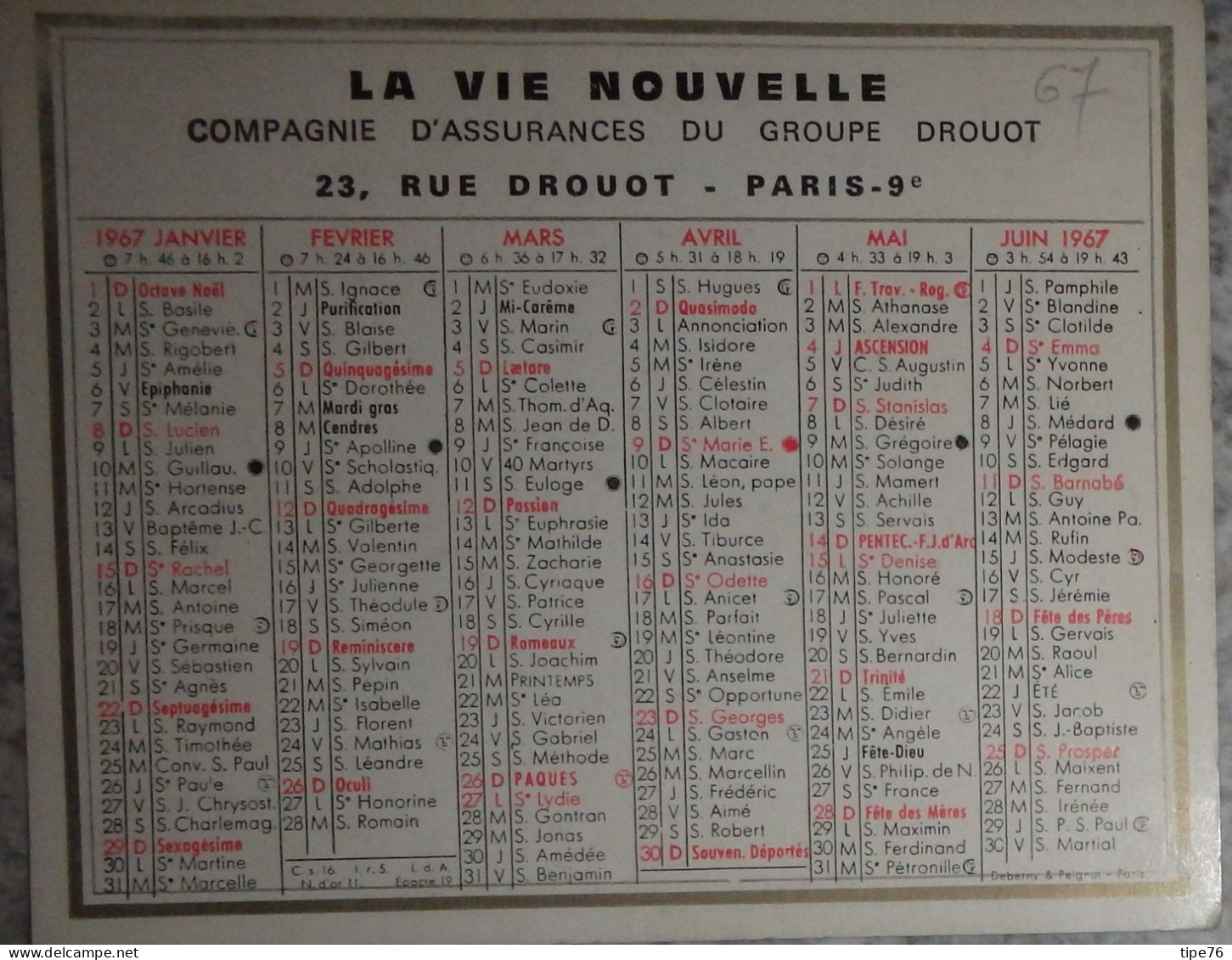 Petit Calendrier Poche 1967 Compagnie Assurances Groupe Drouot Rue Drouot Paris - Petit Format : 1961-70