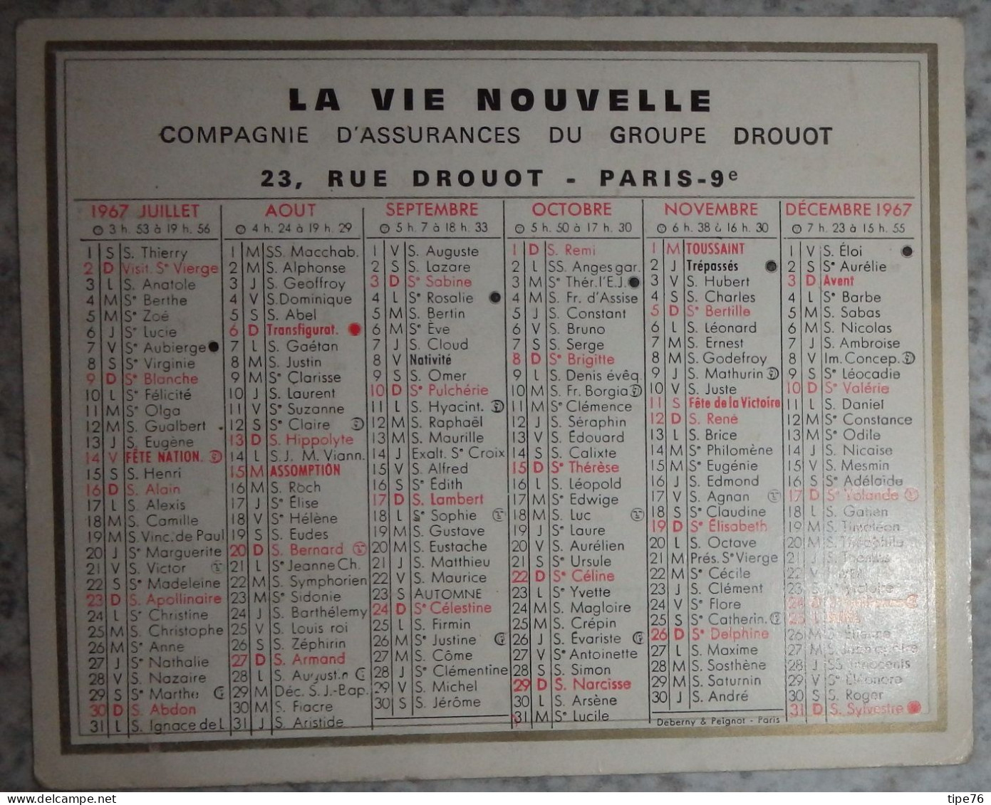 Petit Calendrier Poche 1967 Compagnie Assurances Groupe Drouot Rue Drouot Paris - Petit Format : 1961-70