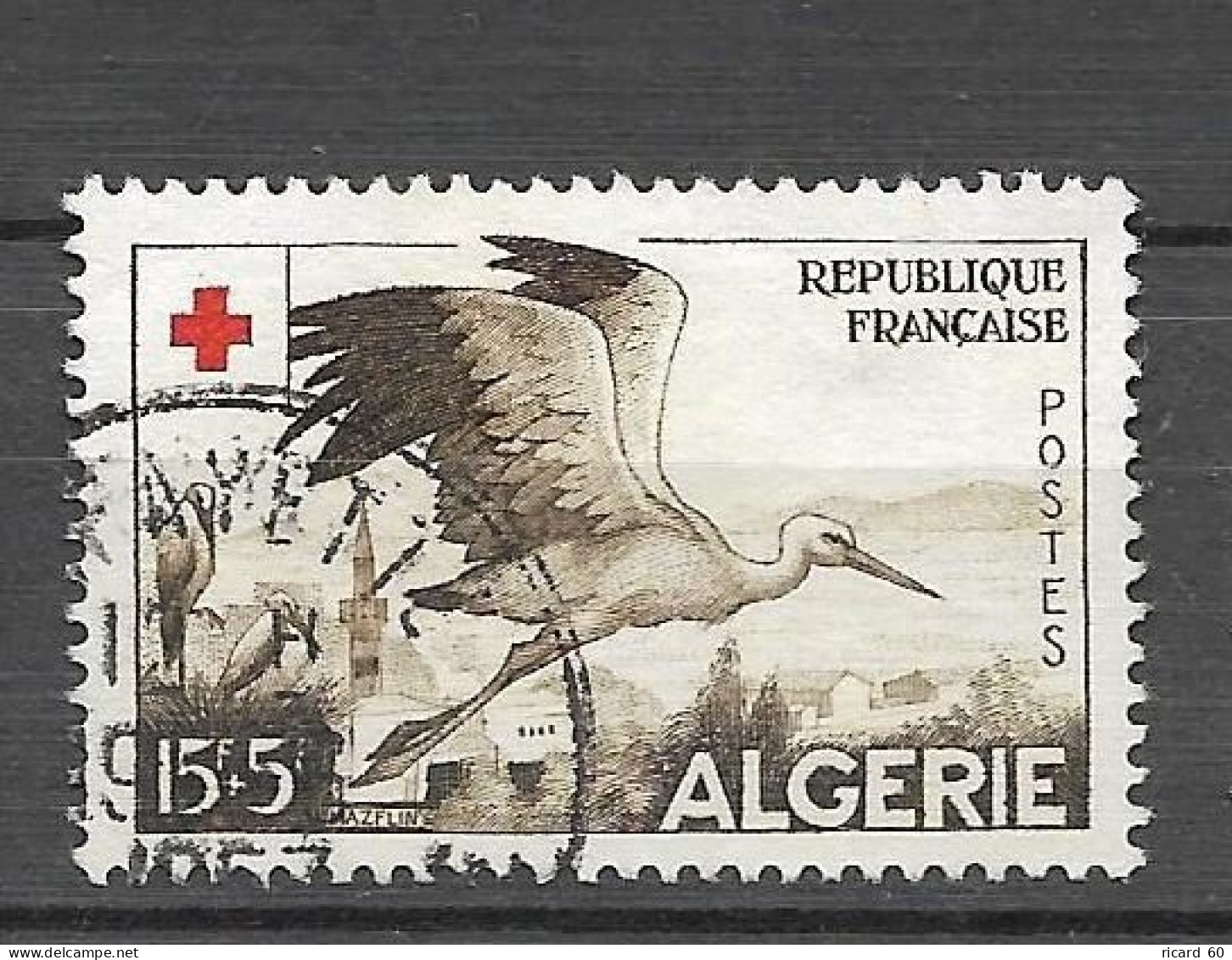 Timbres Oblitérés Algérie, N°344 Yt, Croix Rouge 1957, Cigogne - Used Stamps