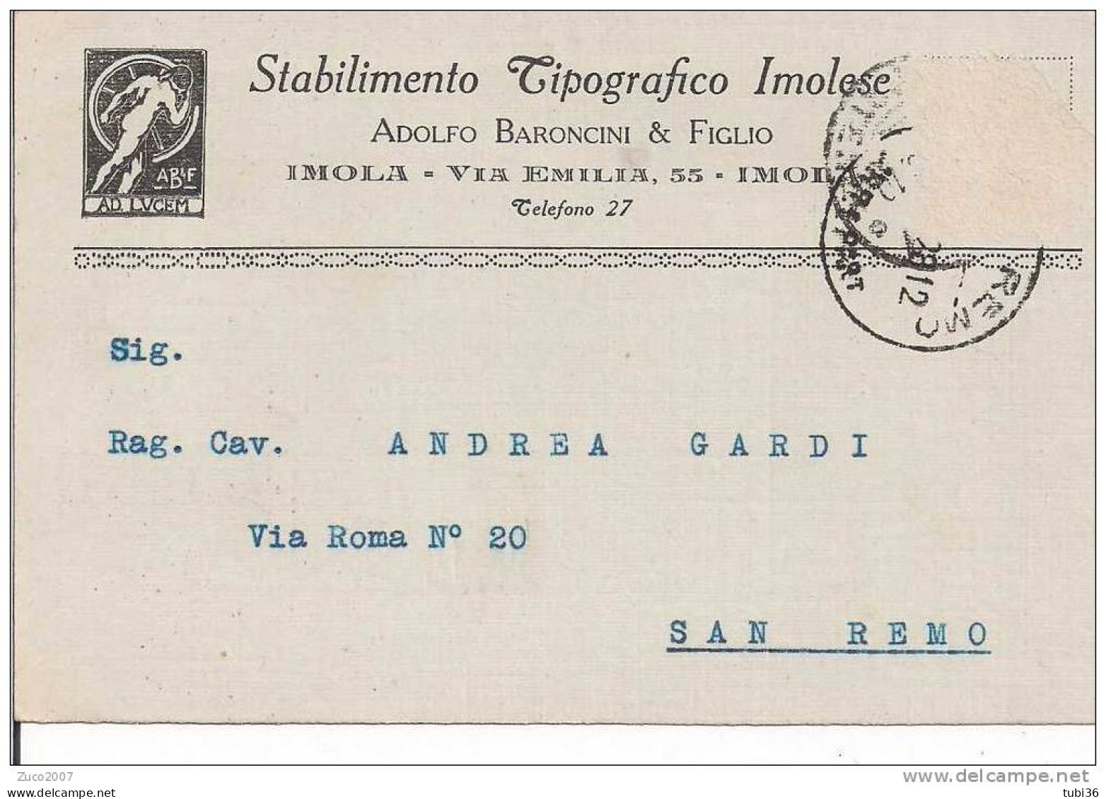 STABILIMENTO TIPOGRAFICO IMOLESE - IMOLA - CARTOLINA COMMERCIALE  VIAGGIATA  1928 - - Imola