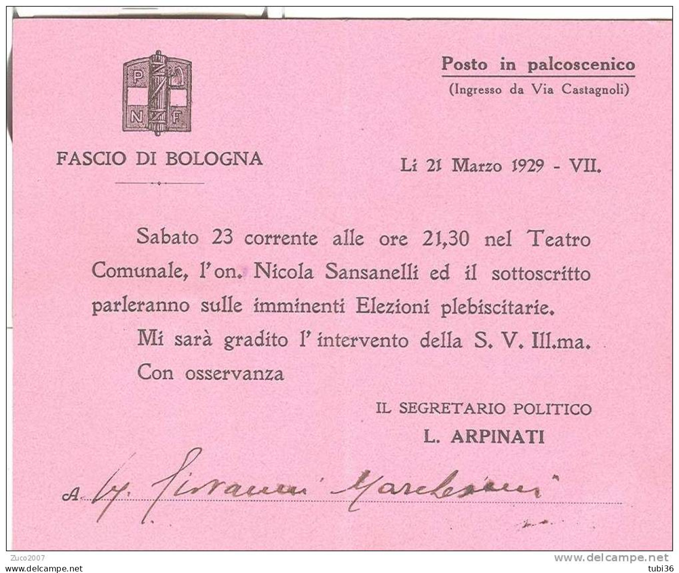 FASCIO DI BOLOGNA - POSTO IN PALCOSCENICO - 1929 - INVITO AL TEATRO COMUNALE - - Tickets D'entrée