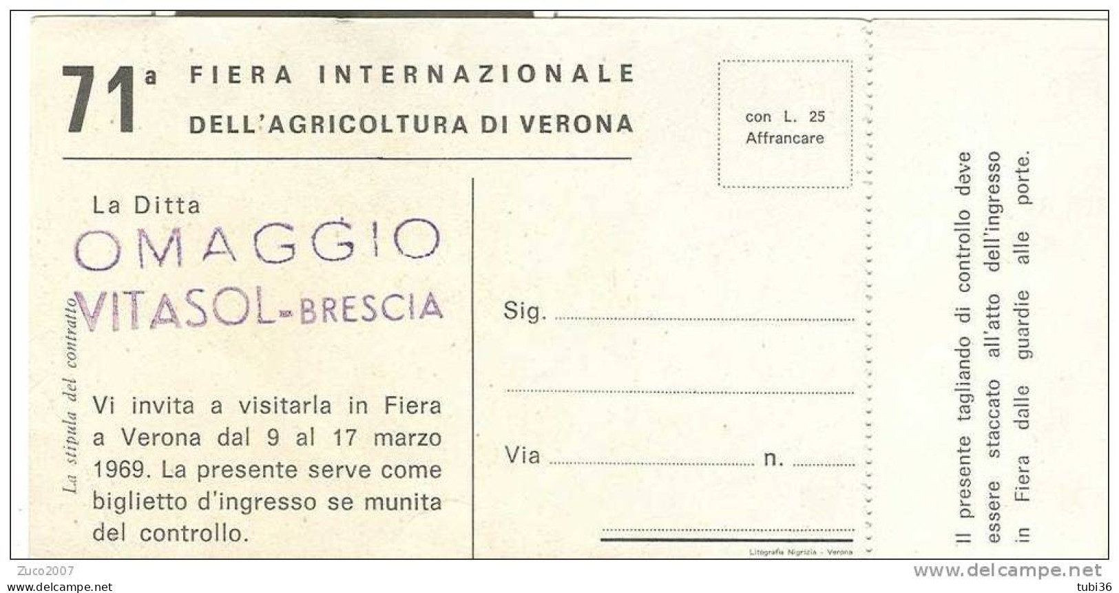 FIERA INTERNAZIONALE AGRICOLTURA  VERONA - 1969 - BIGLIETTO INGRESSO OMAGGIO  VITASOL BRESCIA - - Tickets D'entrée