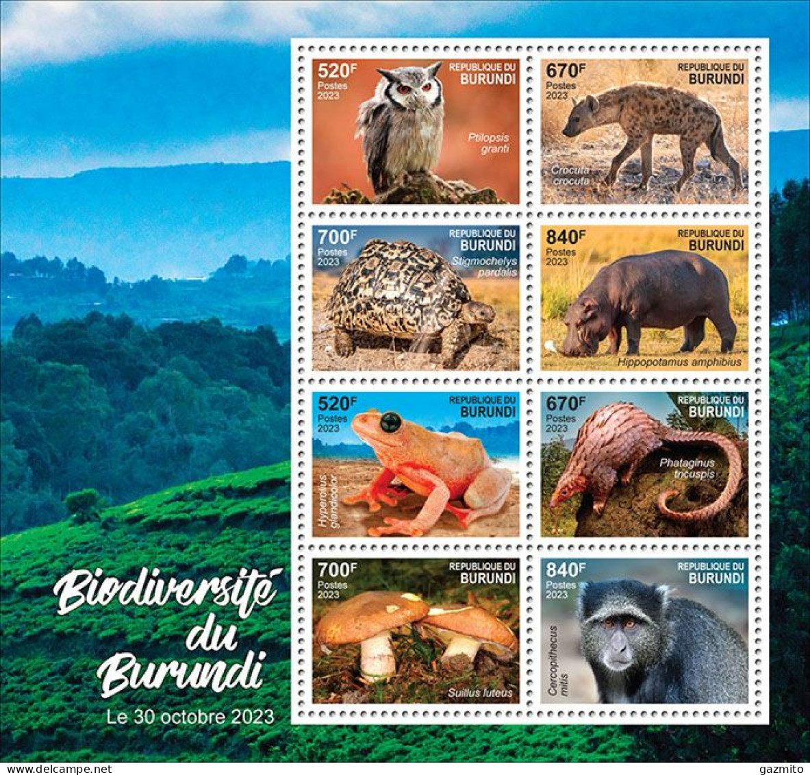 Burundi 2023, Biodiversity, Owl, Jena, Turtle, Hippo, Frog, Mushroom, Monkey, 8val In BF - Nuovi