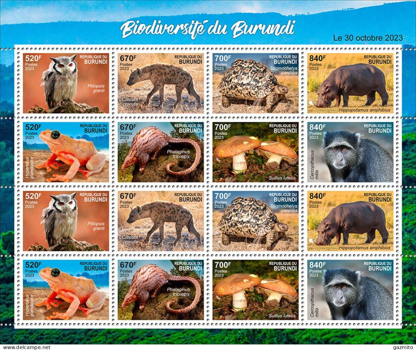 Burundi 2023, Biodiversity, Owl, Jena, Turtle, Hippo, Frog, Mushroom, Monkey, Sheetlet - Nuovi