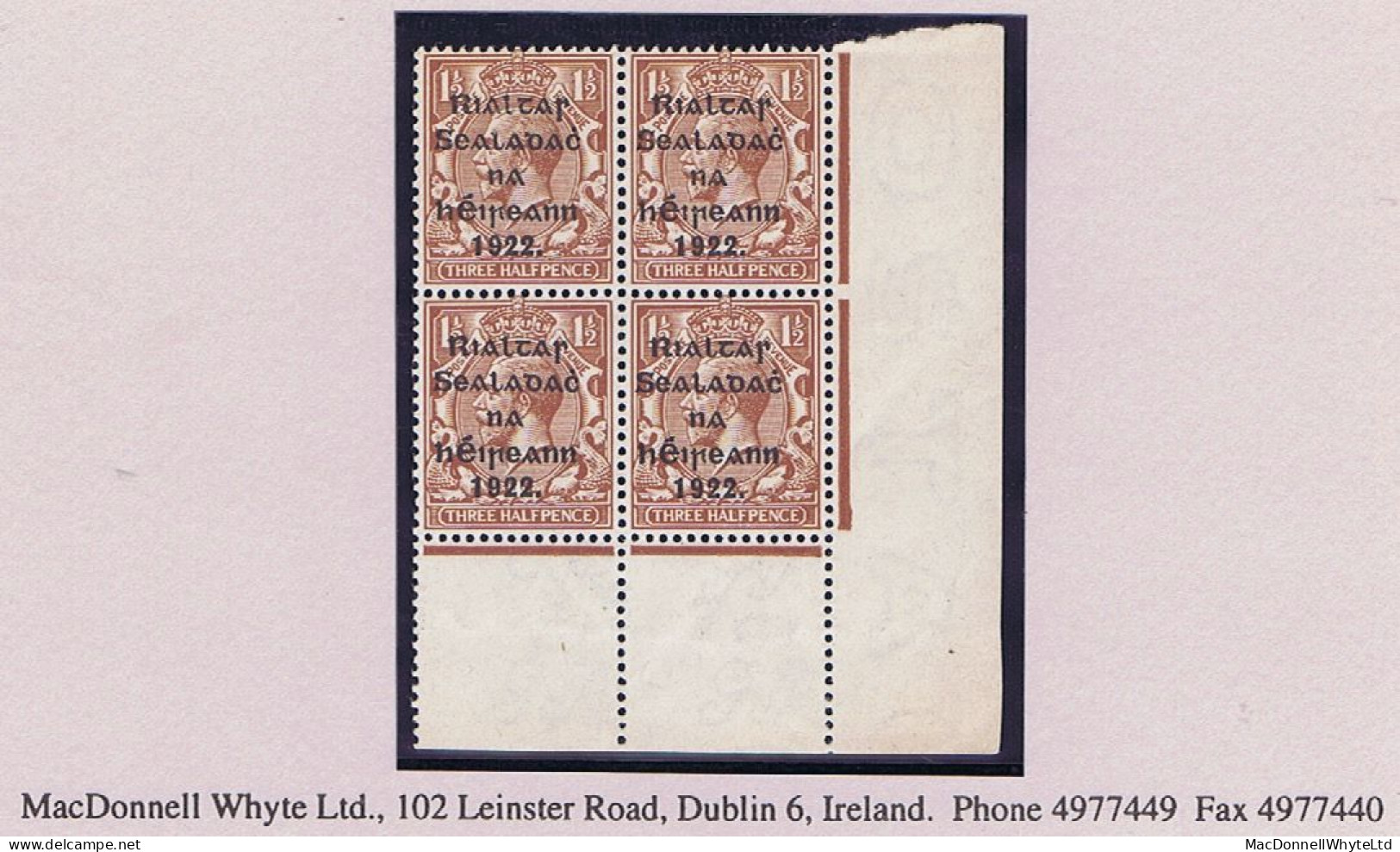 Ireland 1922 (Feb.) Thom Rialtas 5-line Ovpt In Black On 1½d Brown Lower Right Corner Block Of 4 Fresh Mint Unmounted - Nuovi