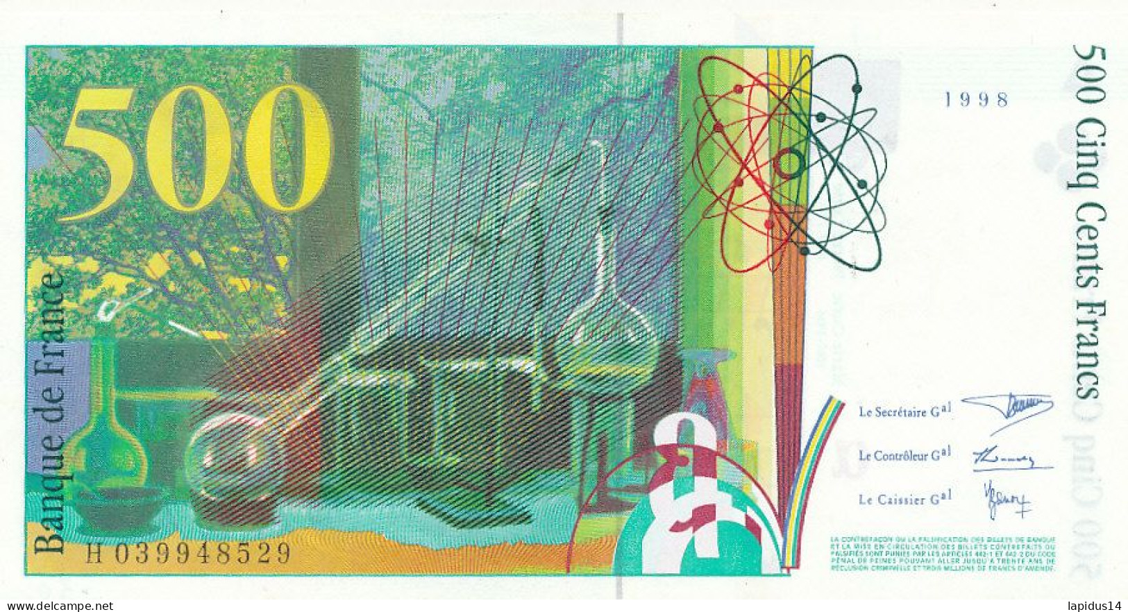 BILLET FRANCAIS  500 FRANCS  PIERRE ET MARIE CURIE  1998  H 039948529 - 500 F 1994-2000 ''Pierre En Marie Curie''