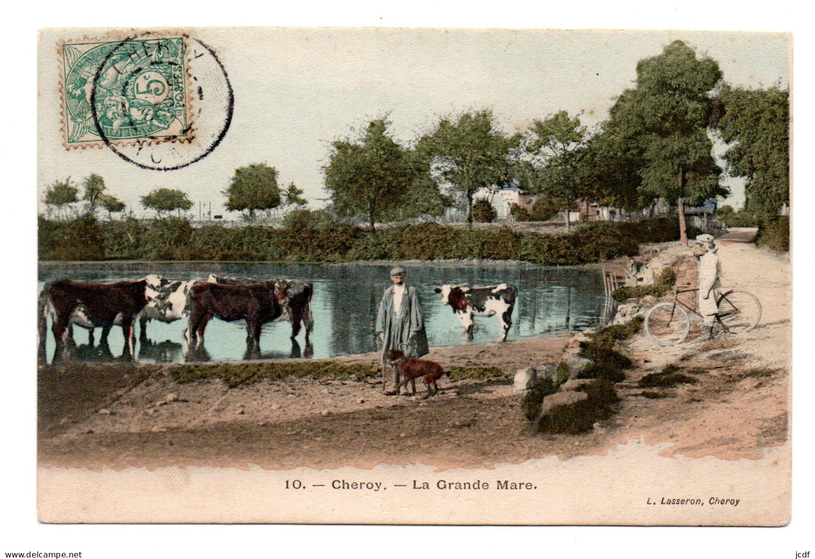 89 CHEROY La Grande Mare N° 10 - Imp Lasseron 1905 - Vaches à L'abreuvoir - Cycliste - Colorisée - Cheroy