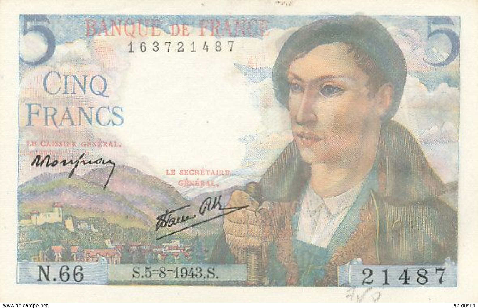 BILLET FRANCAIS   5 FRANCS    BERGER 1943   N 66   S .5-8-1943 S  21487 - 5 F 1943-1947 ''Berger''