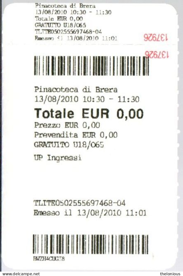 # Tiket - PINACOTECA DI BRERA - MILANO - 2010 - Tickets D'entrée