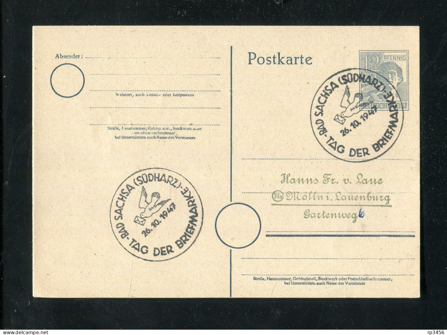 "ALL. BESETZUNG" 1947, SSt. "BAD SACHSA, Tag Der Briefmarke" Auf Postkarte (2002) - Entiers Postaux