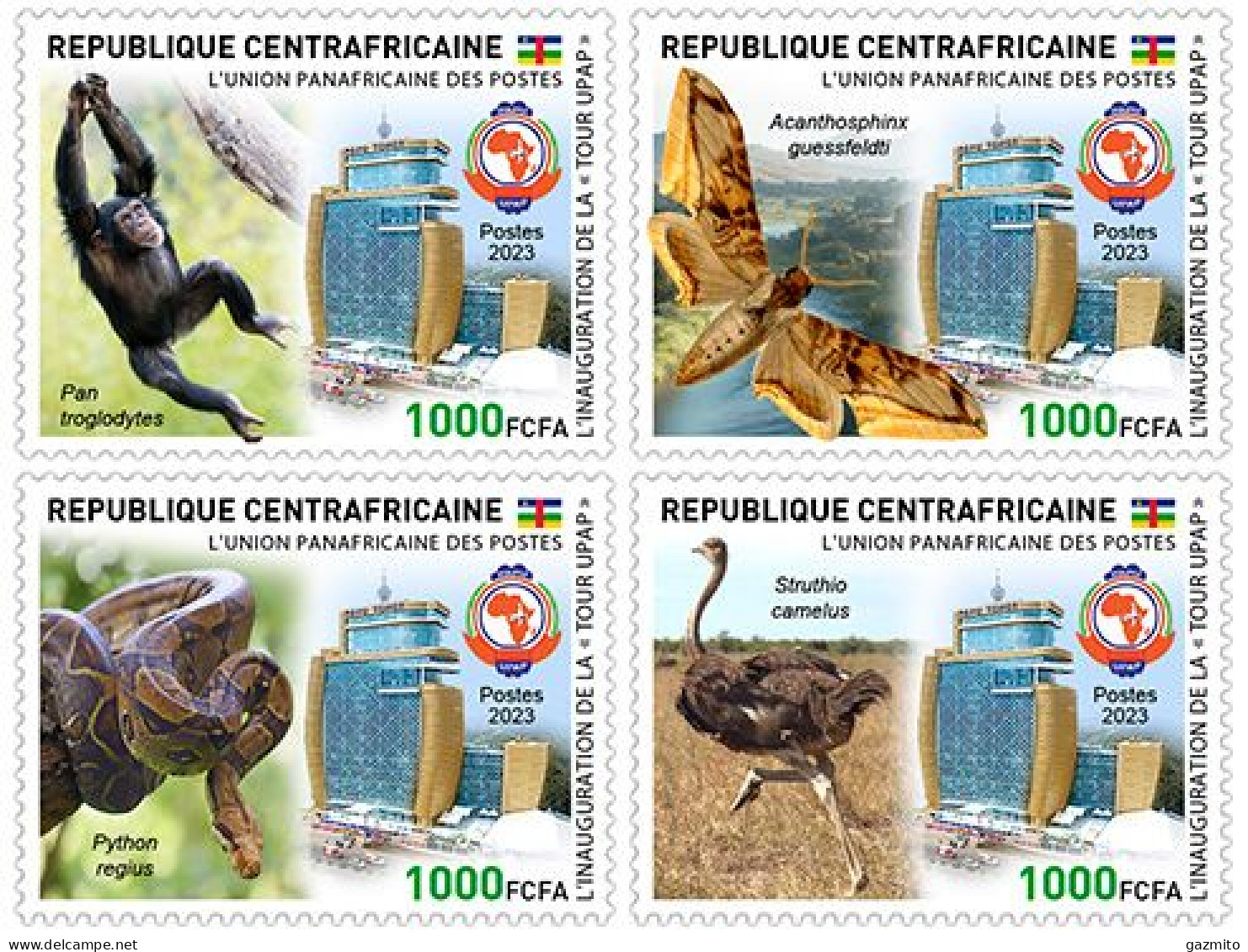 Centrafricana 2023, PAPU, Monkey, Moths, Snake, Stork, 4val - UPU (Wereldpostunie)