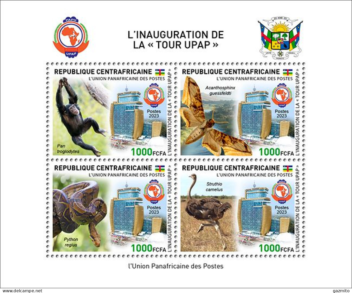 Centrafricana 2023, PAPU, Monkey, Moths, Snake, Stork, 4val In Block - Poste